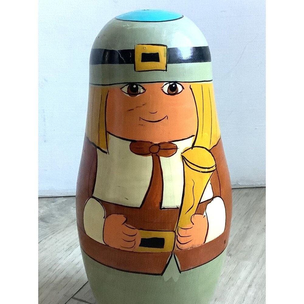 Vintage Thanksgiving Nesting Dolls Pilgrims Native American Retro 3 Pieces